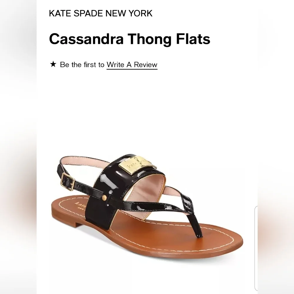 Kate Spade Cassandra Black Patent Flat Sandals with Gold Hardware Ankle Strap 6
